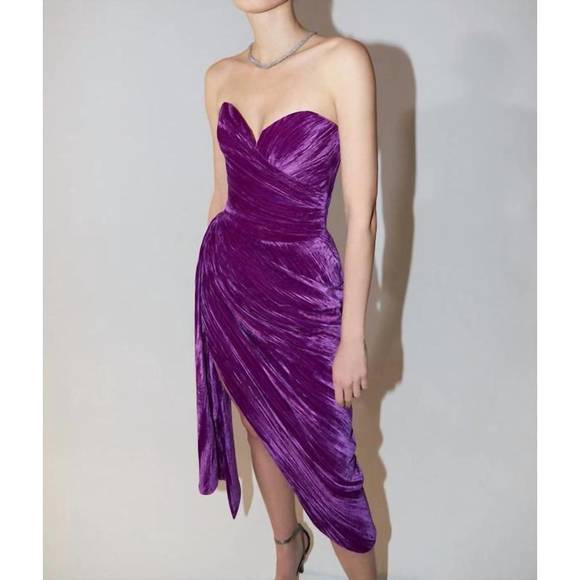 NEW RASARIO draped velvet midi dress in purple - Picture 2 of 3
